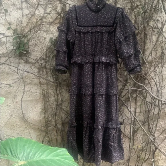 💋SOLD💋🍾🖤DÔEN ‘Clay’ Prairie Dress Wednesday Black/Blue Floral XS/S - Picture 10 of 10